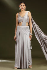 Grey Imported Pleated Lehenga with Attached Dupatta - grey saree