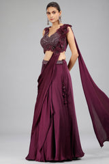 Wine Purple Chinon Lehenga with with Floral Patch Attached Dupatta