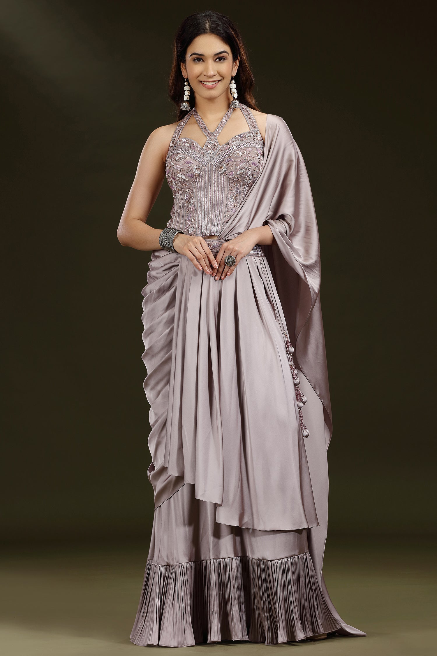 Dusty Mauve Satin Silk Embellished Corset Lehenga with Attached Dupatta - silk saree