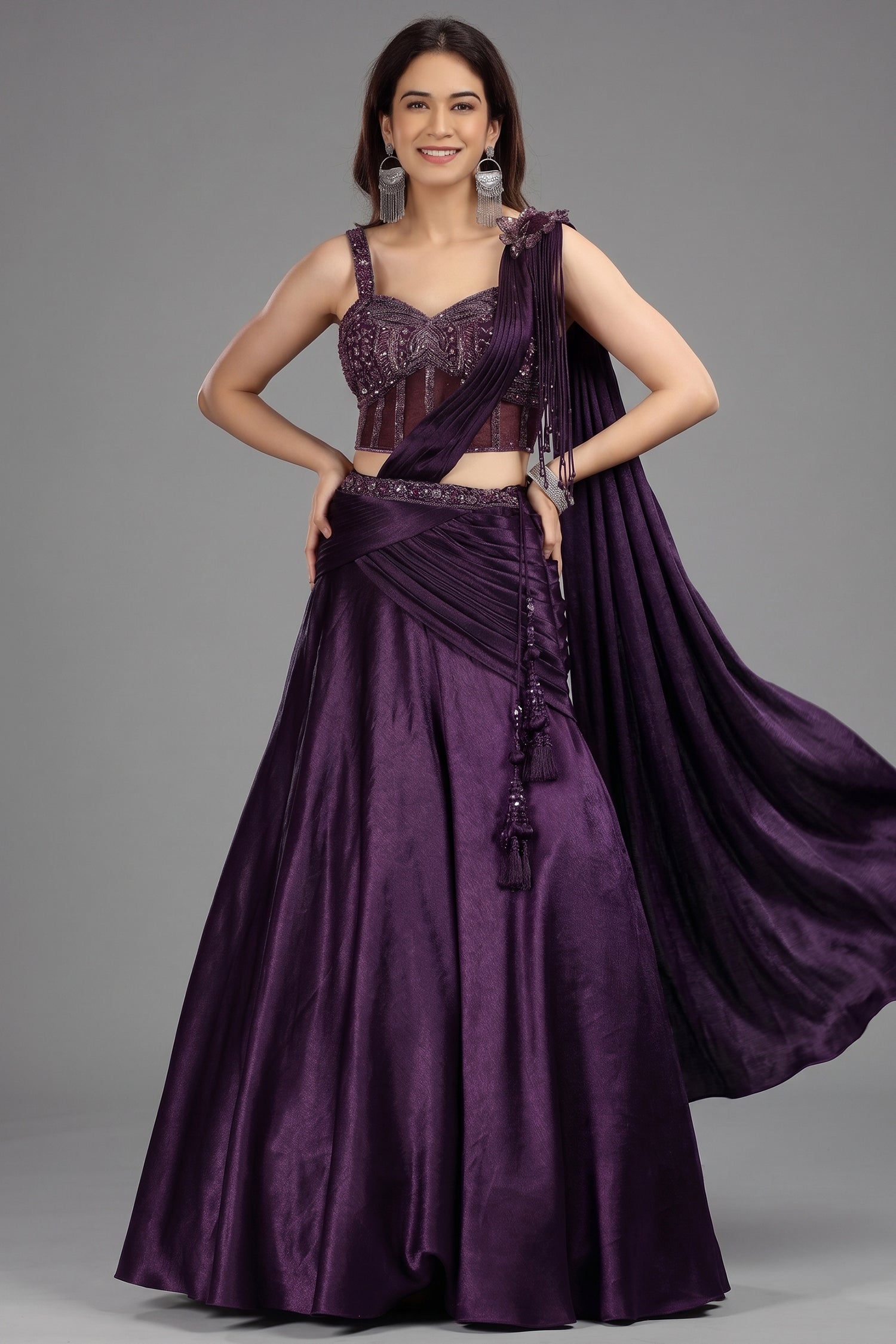 Eggplant Purple Satin Lehenga with Beaded Cutdana Corset Blouse and Attached Dupatta - purple satin saree