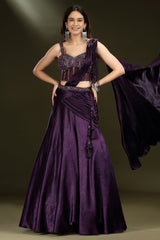 Eggplant Purple Satin Lehenga with Beaded Cutdana Corset Blouse and Attached Dupatta