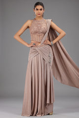 Light Peach Imported Lehenga with Aattached Dupatta and Beaded Cutdana Work Heltar Neck Corset