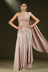 Light Peach Imported Lehenga with Aattached Dupatta and Beaded Cutdana Work Heltar Neck Corset