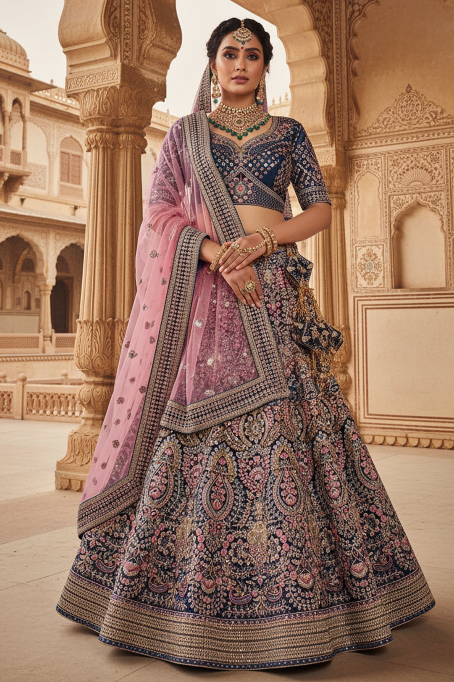Dark Blue Velvet Heavy Worked Bridal Lehenga - blue velvet saree