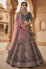 Dark Blue Velvet Heavy Worked Bridal Lehenga - blue velvet saree