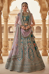 Green Velvet Heavy Worked Bridal Lehenga - green velvet saree