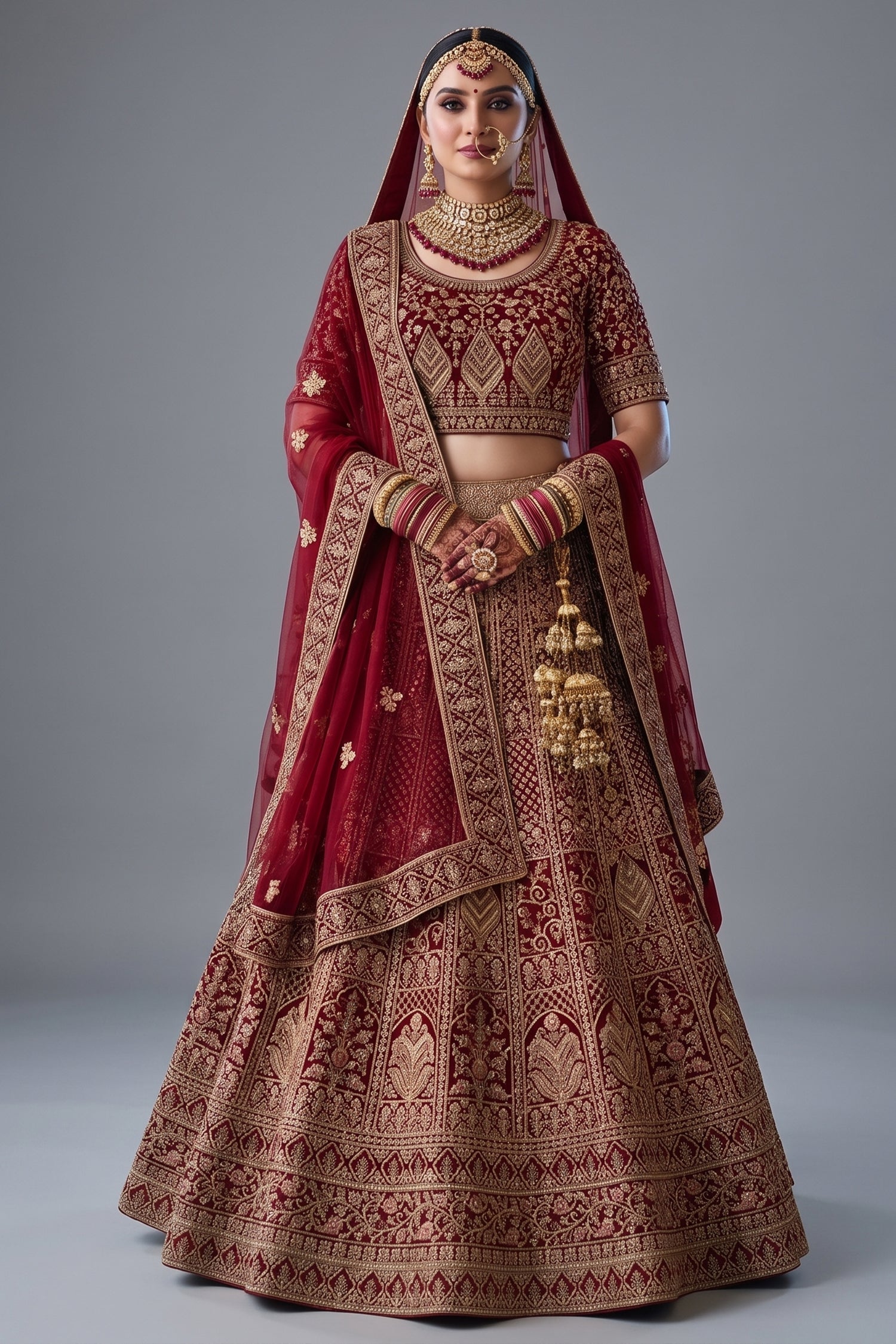Red Velvet Heavy Worked Bridal Lehenga - red velvet saree