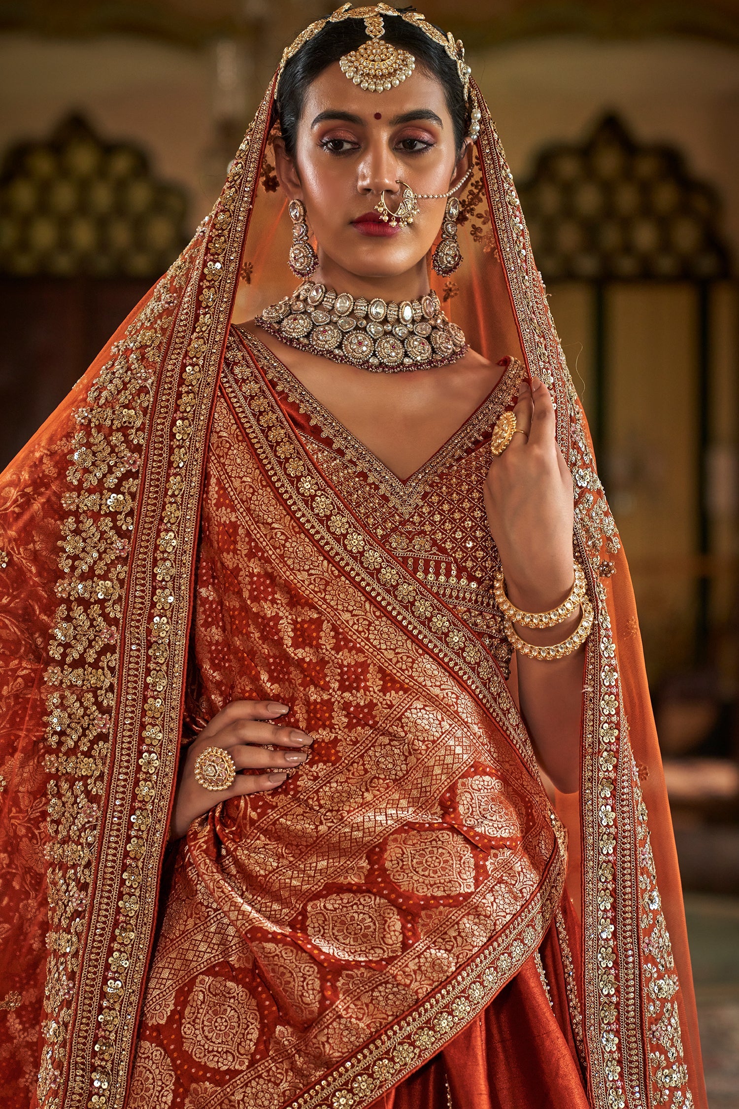 Orange Silk Heavy Worked Bridal Lehenga - orange silk saree