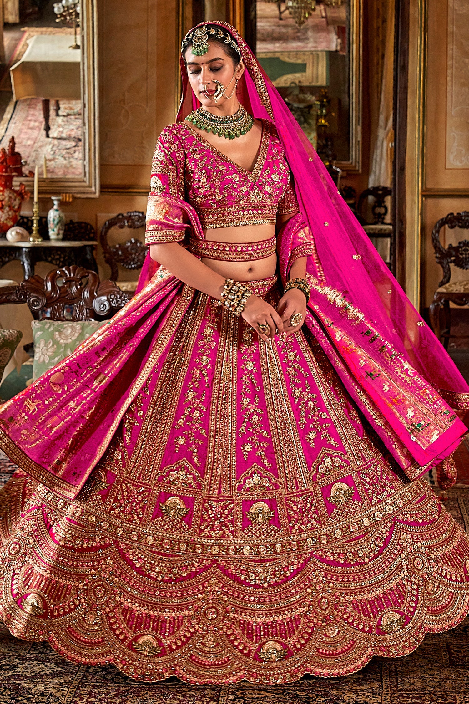 Dark Pink Silk Heavy Worked Bridal Lehenga - pink silk saree