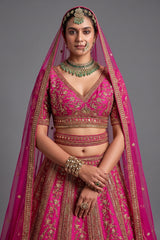 Dark Pink Silk Heavy Worked Bridal Lehenga - pink silk saree