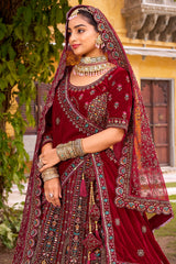 Maroon Velvet Designer Bridal Lehenga with Double Dupatta