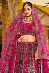 Pink Velvet Designer Bridal Lehenga with Double Dupatta