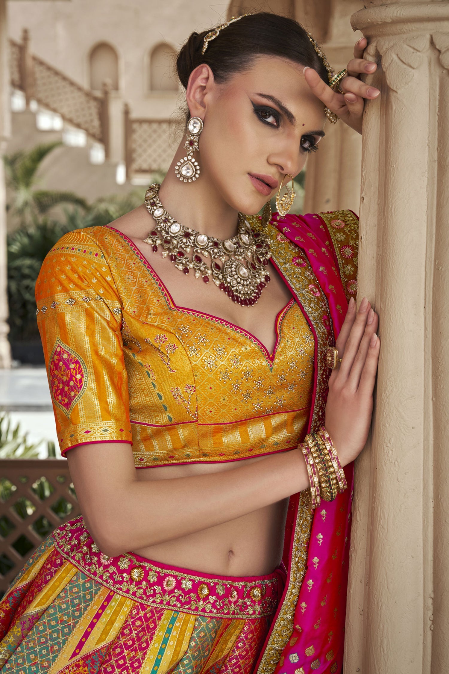 Pink and Mustard Silk Zari Woven Traditional Lehenga - mustard silk saree zari