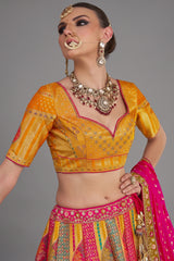 Pink and Mustard Silk Zari Woven Traditional Lehenga - mustard silk saree zari