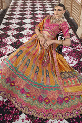 Pink and Mustard Silk Traditional Woven Lehenga - mustard silk saree