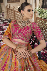 Pink and Mustard Silk Traditional Woven Lehenga