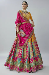 Pink and Mustard Silk Traditional Woven Lehenga with Banarasi Dupatta