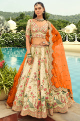 Cream Silk Peacock and Floral Motif Embroidered Lehenga