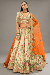 Cream Silk Peacock and Floral Motif Embroidered Lehenga