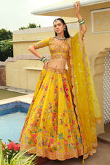 Yellow Silk Peacock and Floral Motif Embroidered Lehenga