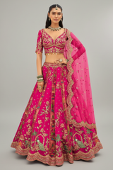 Dark Pink Silk Peacock and Floral Motif Embroidered Lehenga