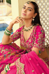 Dark Pink Silk Peacock and Floral Motif Embroidered Lehenga