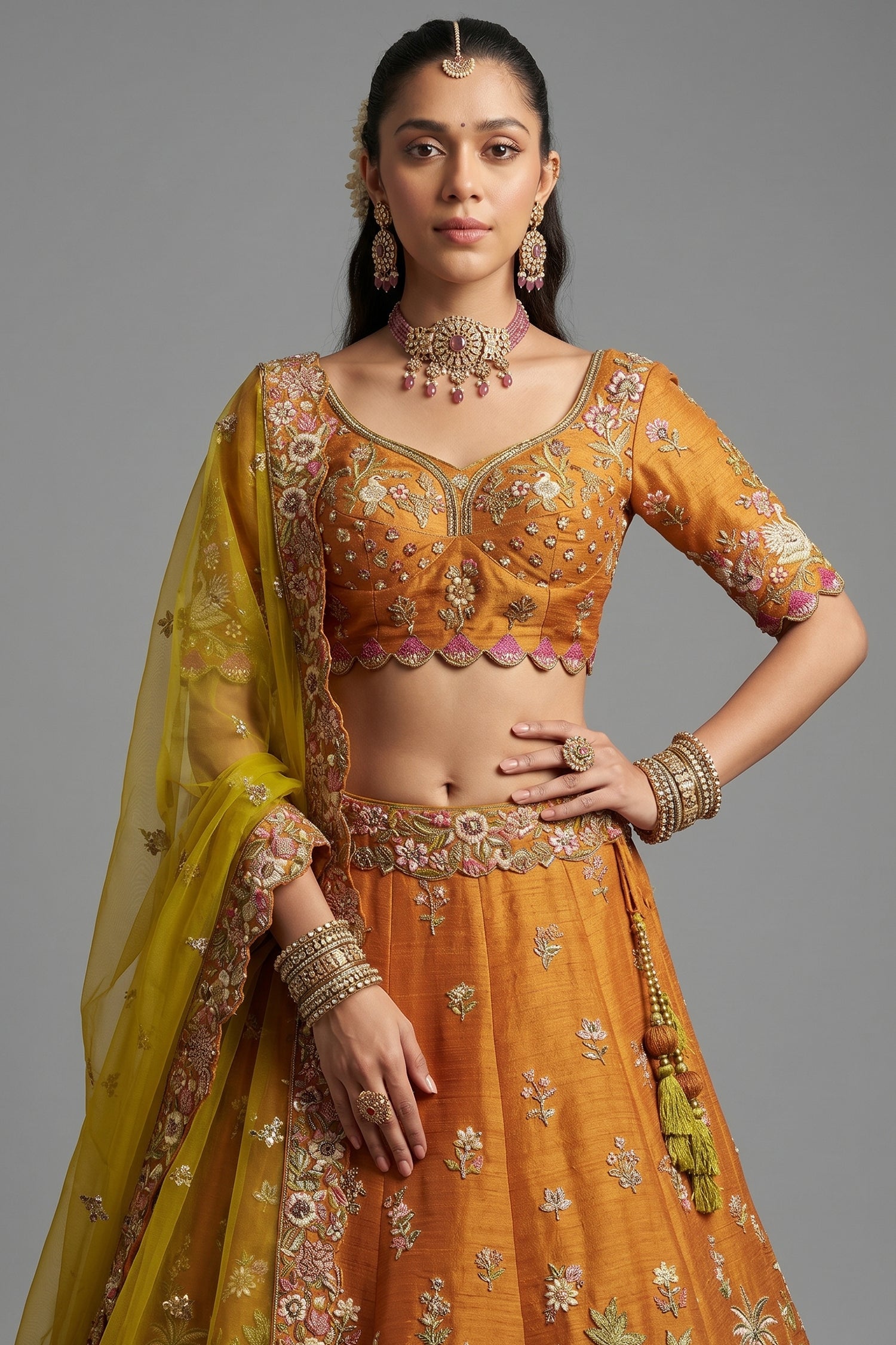 Orange Silk Floral Motif Embroidered Lehenga - red silk saree embroidered