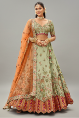 Sage Green Silk Floral Motif Embroidered Lehenga