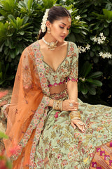 Sage Green Silk Floral Motif Embroidered Lehenga