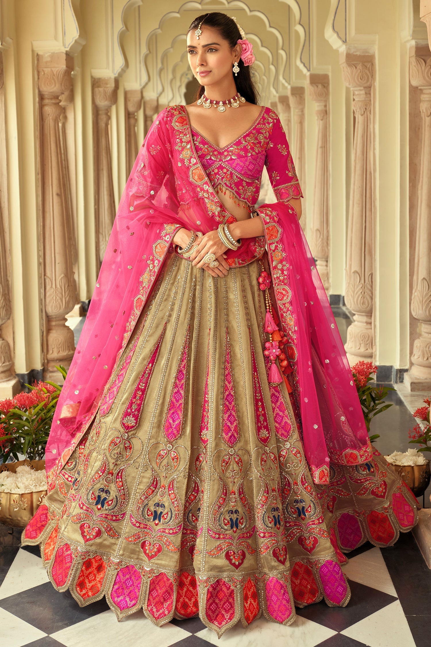 Taupe Silk Traditional Lehenga with Embroidery Work - silk saree embroidery