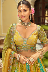 Yellow and Multi Colored Silk Traditional Lehenga with Embroidery Work
