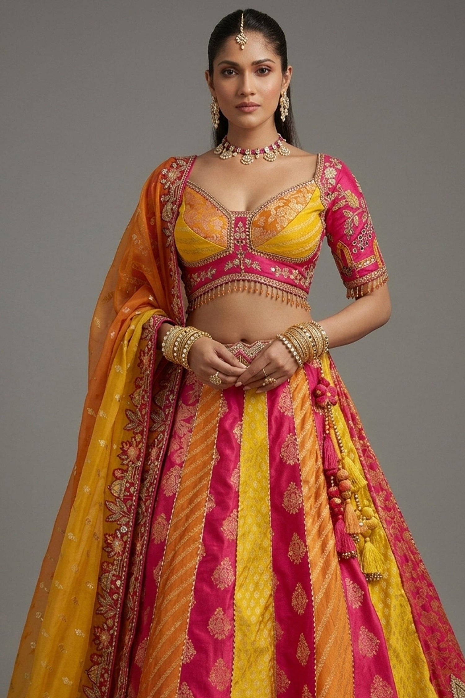 Multi Colored Silk Traditional Lehenga with Embroidery Work - red silk saree embroidery
