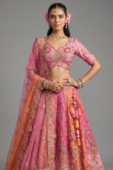 Pink and Peach Silk Traditional Lehenga with Embroidery Work
