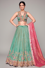 Sea Green Chinon Floral Printed Lehenga with Sequin Work - green saree
