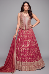 Deep Pink Tissue Floral Woven Lehenga with Long Top