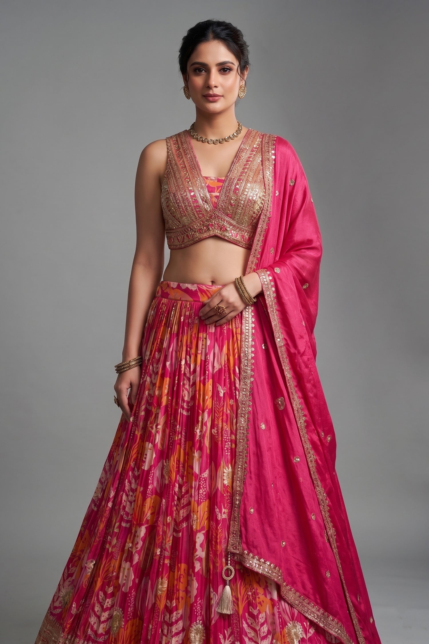 Pink Crepe Chinon Floral Printed Lehenga with Sequin Work - pink crepe saree