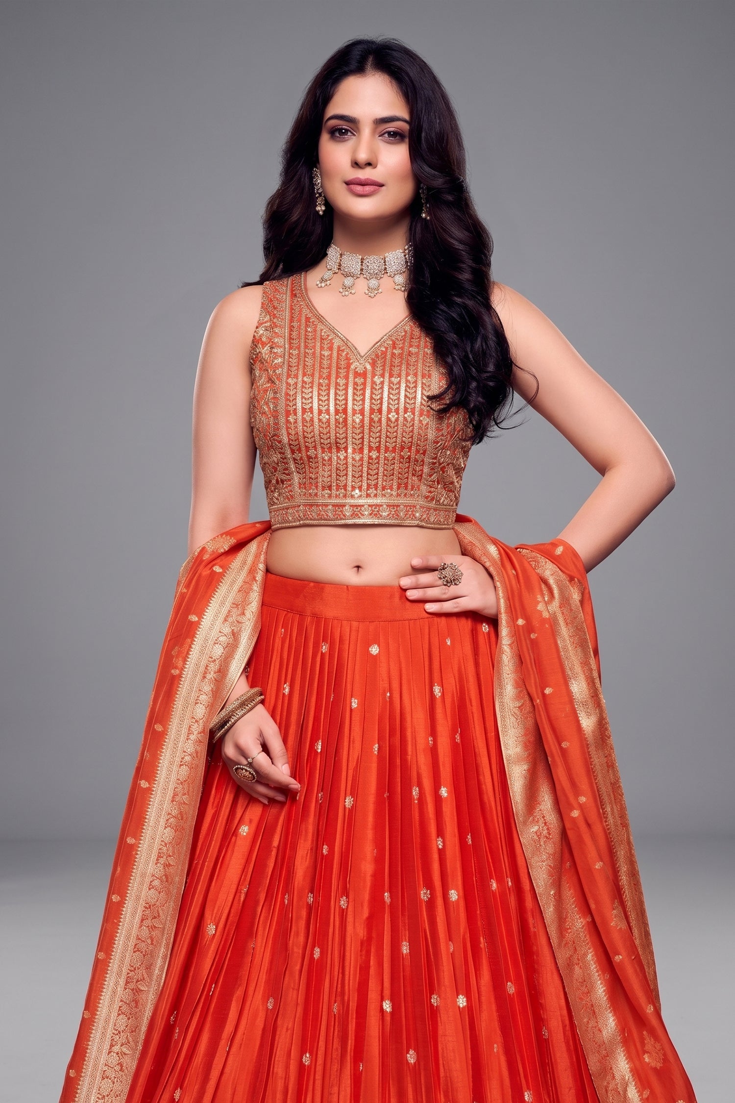 Orange Chinon Silk Sequin Embroidered Lehenga - red silk saree embroidered