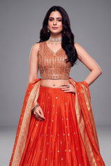 Orange Chinon Silk Sequin Embroidered Lehenga - red silk saree embroidered