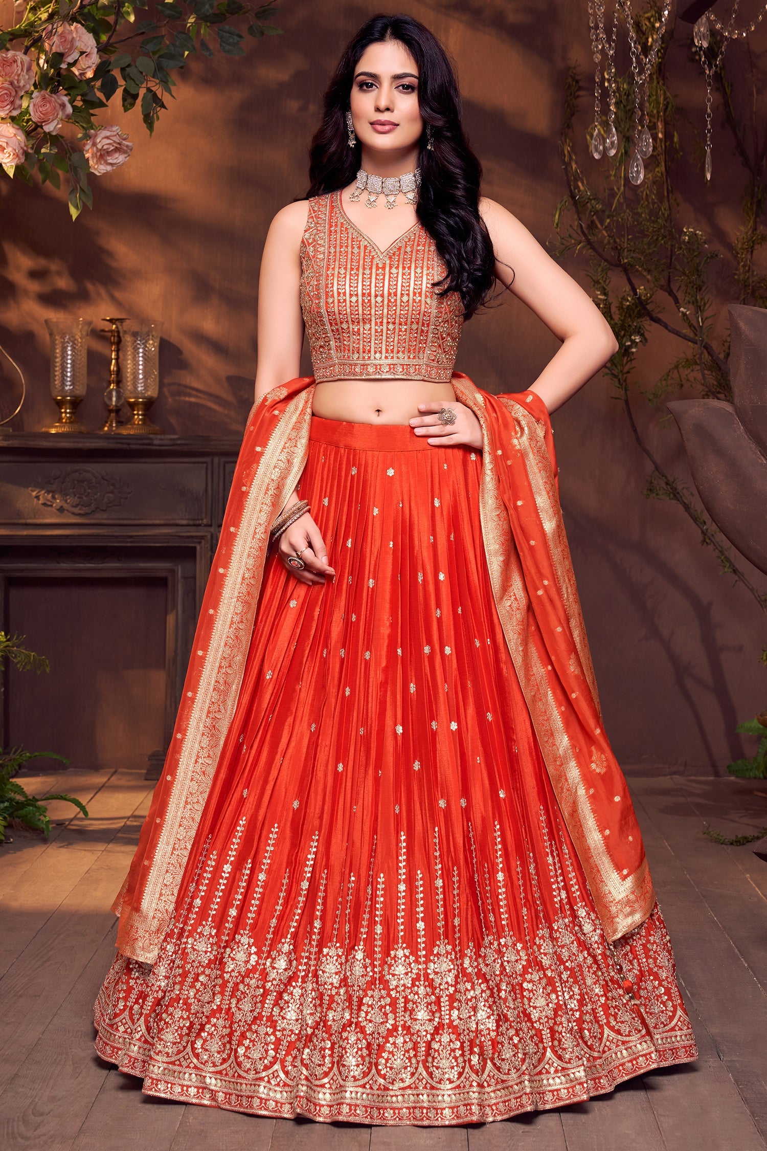 Orange Chinon Silk Sequin Embroidered Lehenga - red silk saree embroidered