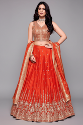 Orange Chinon Silk Sequin Embroidered Lehenga