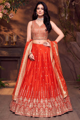 Orange Chinon Silk Sequin Embroidered Lehenga - red silk saree embroidered