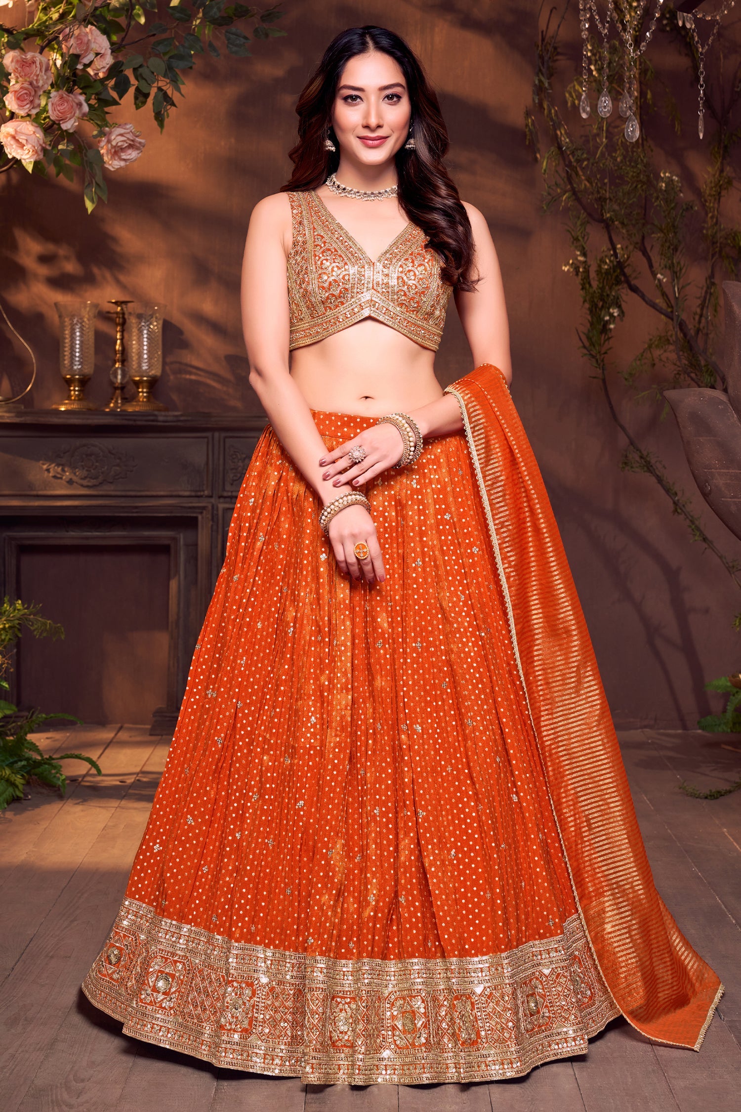 Orange Tissue Silk Woven Butti Lehenga with Sequin Embroidered Work - red silk saree embroidered