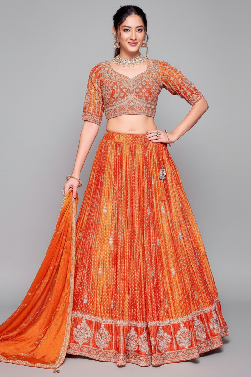Orange Chinon Crepe Silk Bandhej Print Lehenga with Sequin Embroidery Work - orange silk saree bandhej