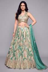 Teal Green and White Chinon Crepe Printed Lehenga with Sequin Embroidery Work