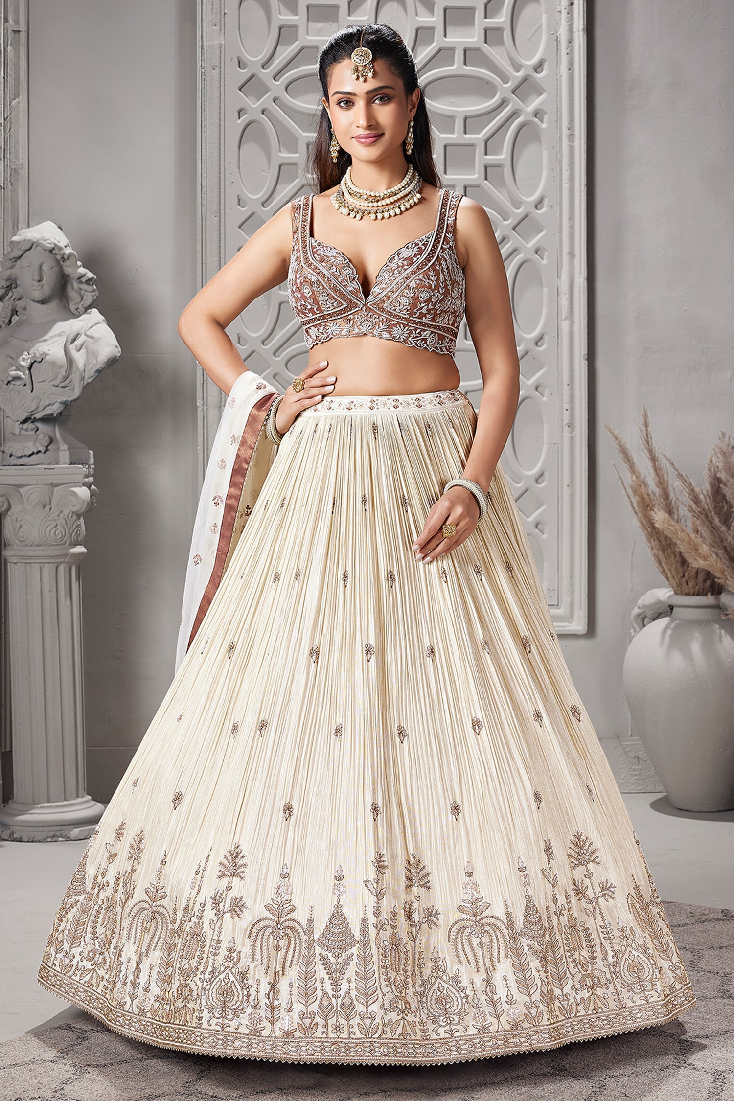 Ivory Cream Sequin Embroidered Lehenga - red saree embroidered