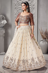 Cream Chinon Pleated Lehenga with Applique Embroidery Work