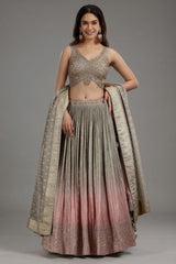 Grey and Pink Ombre Tissue Sequins Worked Lehenga - pink saree
