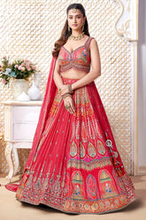 Pink Chinon Woven Pleated Lehenga