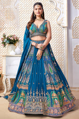 Blue Chinon Woven Pleated Lehenga - blue saree