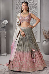 Grey and Pink Ombre Tissue Sequin Embroidered Lehenga - red saree embroidered